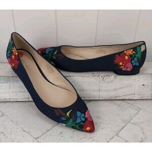 Nine West Embroidered Speakup Ballet Flats Sz 9.5M Navy Butterflies Flowers EUC